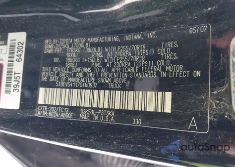 2007 Toyota Tundra Sr5 5.7L V8 from USA, damaged, VIN 5TBEV54117S460937